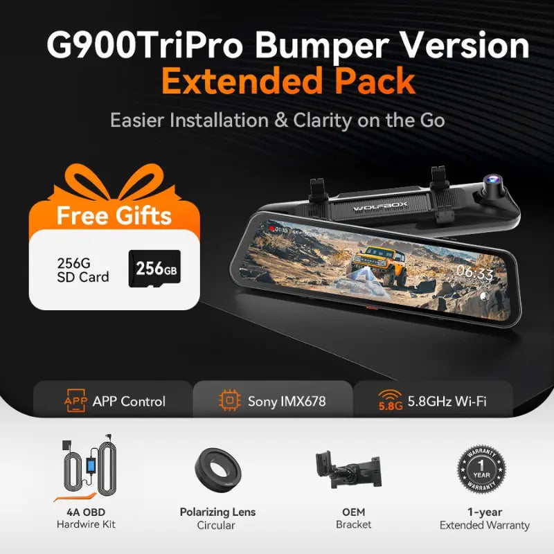 WOLFBOX G900TriPro Bumper Version 3 Channel Rearview Mirror Camera